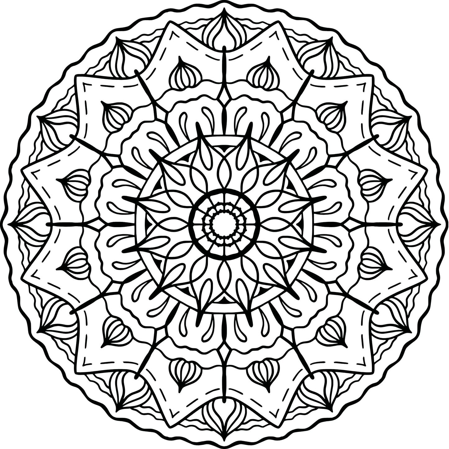 Black and white mandala design on a white background
