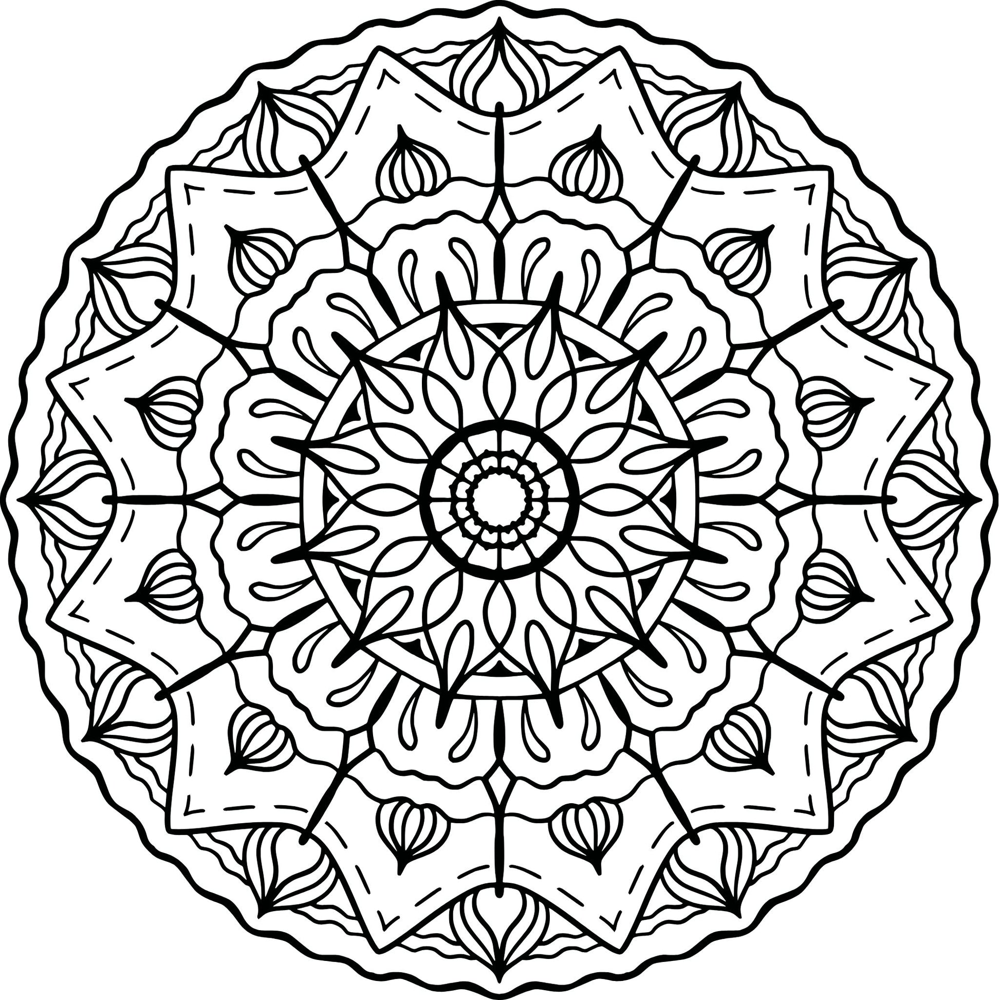 Black and white mandala design on a white background