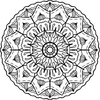 Black and white mandala design on a white background