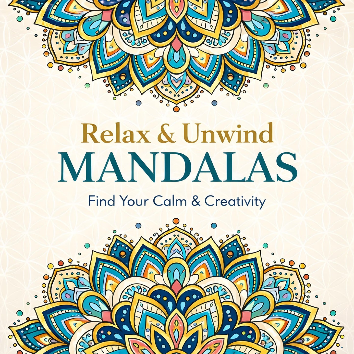 Coloring book cover with mandala designs and text 'Relax & Unwind MANDALAS Find Your Calm & Creativity' on a beige background.