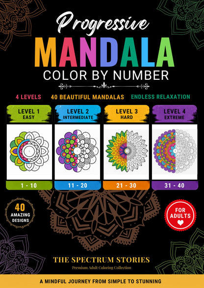 Progressive Mandala Color by Number Coloring Book for Adults: 40 Beautiful Mandalas Across 4 Difficulty Levels | Mindfulness, Relaxation & Creative Focus